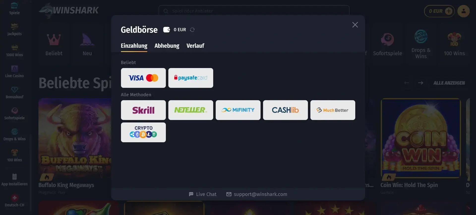 Geldbörse im WinShark Casino mit möglicher EPS Alternative EPS Alternative für Einzahlungen im WinShark Casino